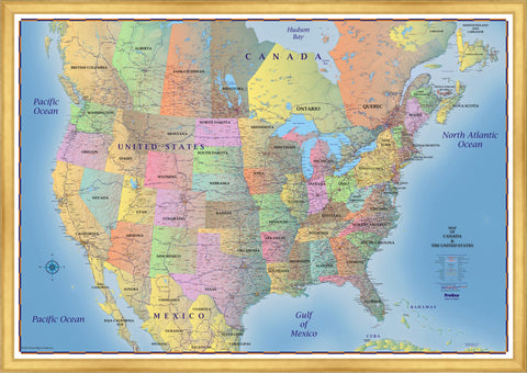 Trucker's Wall Map of Canada, United States & Northern Mexico with Gold Leaf Frame