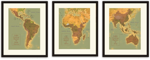 Set of 3 Coffee Region Maps - South America, Africa and Asia