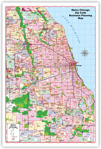 ProGeo City Maps - Metro Chicago with ZIP CODES Large  48" X 72  LAMINATED 2020 EDITION