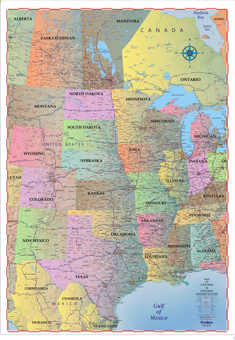 Trucker's Wall Map of CENTRAL Canada, the United States  and Mexico  2018  48" x 69" LAMINATED