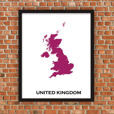 Minimalist Map Print of United Kingdom 16 x 20  Color: Plum Jam