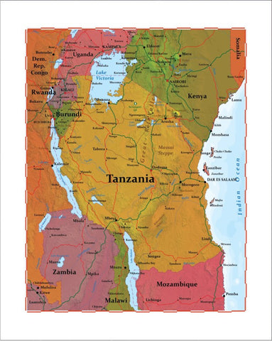 Map of Tanzania 8 x 10 Print