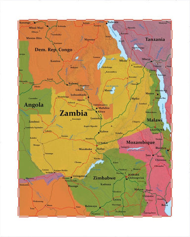 Map of Zambia 8 x 10 Print