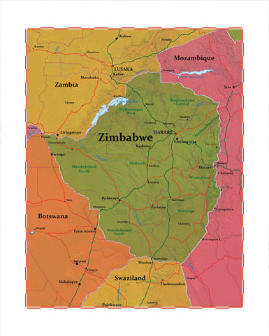 Map of Zimbabwe 8 x 10 Print