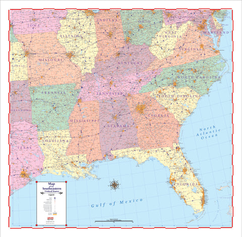 Trucker's Wall Map of  SOUTHEAST  United States 2021 edition  48" X 48" LARGE and LAMINATED