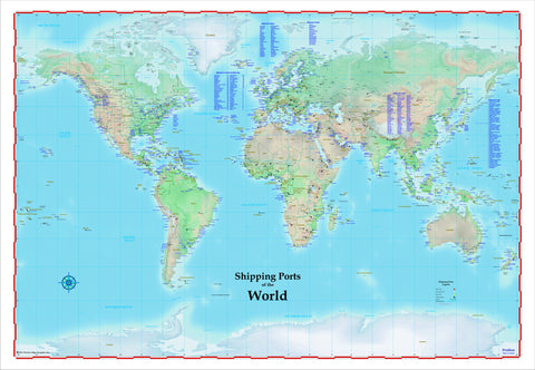 World Shipping Ports Map Laminated Rolled vaious sizes available